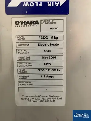 USED O'HARA O'Hara Fluid Bed Dryer, S/S, Model FBDG-5KG