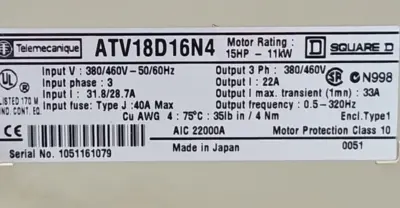 Telemecanique Square D ATV18D16N4 Frequency Inverter 15hp-11Kw (BIN2.3.4)