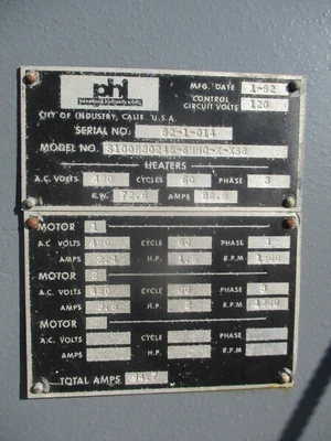 PHI, 24 x 36 heated platten 4-post hydraulic press, 6 stations & cool rack