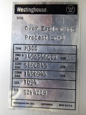 Westinghouse M300 149D946G02 Over Excitation Protection-3 Sub. 5 Used