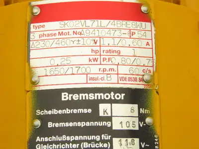 Nord SK02 VL71L/4BRE8WU Inline Gearmotor .25kW 230/460V 3PH 29.6:1 56rpm w/Brake