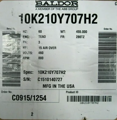 NEW BALDOR 10K210Y707H2 MOTOR 15HP 460V 880RPM 286TZ 1-7/8" DIA. SHAFT