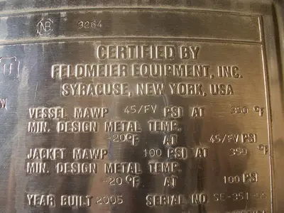 Reactor, 265 Gallon, 316L S/st, 100 PSI, Jkt, Feldmeier, #S737963