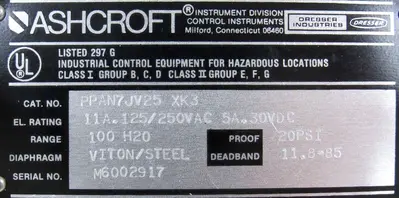 NEW ASHCROFT PPAN7JV25-XK3 PRESSURE SWITCH PPAN7JV25XK3 20PSI