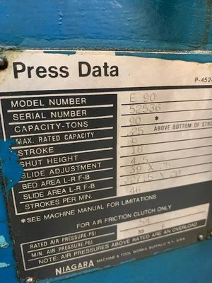 Used 1985 NIAGARA E-90 OBI O.B.I. Presses Tennessee US | Pearl Equipment #1556246