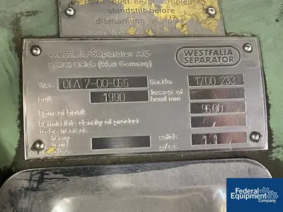 USED Westfalia Westfalia Disc Centrifuge, Model OTA7-00-066