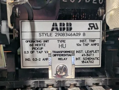 ABB 290B346A09 Type HU Transformer Differential Relay Rev. B Used