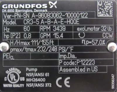 NEW GRUNDFOS CR3-5A-B-A-E-HQQE CENTRIFUGAL PUMP 15.4GPM 230/460V .75HP 96083062