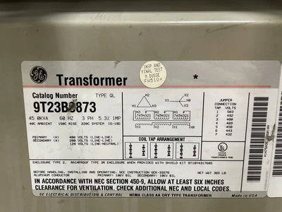 GE 9T23B3873 Dry Transformer 45KVA 3 Phase 60Hz Primary Volts 48