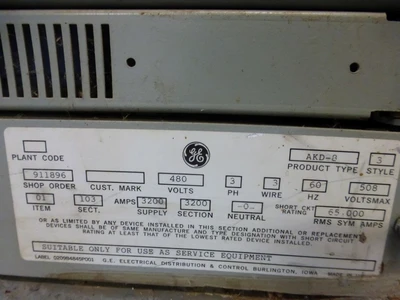 3200A GE AKD-8 Switchgear, 480V, x6 1600A, x1 3200A Bkrs