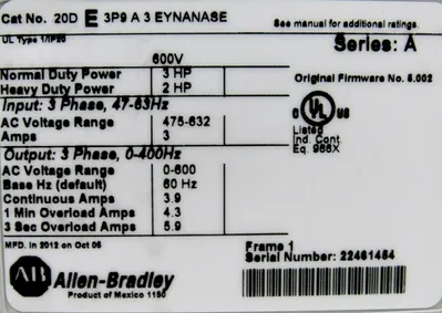 USED ALLEN BRADLEY 20D-E-3P9-A-3-EYNANASE POWERFLEX 700S 20DE3P9A3EYNANASE