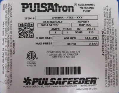 NEW PULSAFEEDER LPH8MA-PTCC-XXX PULSATRON PUMP 600 GPD LPH8MAPTCCXXX