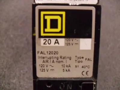 Square D FAL12020 Molded Case Circuit Breaker 120VAC Used