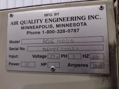 2,500 CFM 5 HP AIR QUALITY ENGINEERING MODEL #AQE4000 FUME COLLECTOR: STOCK #19646