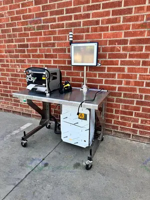 USED OPTEL PORTABLE MANUAL PACKING STATION W/  SATO CL6NX THERMAL PRINTER, SCANNER