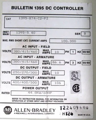 USED ALLEN BRADLEY 1395-B74-C2-PZ DC DRIVE 1395B74C2P2 60HP