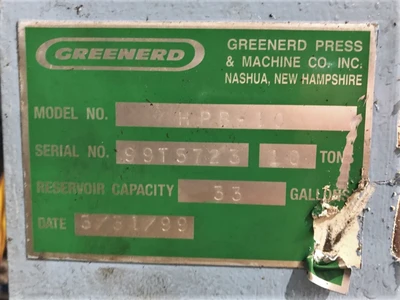 USED 1999 GREENERD PRESSES GREENERD HPB-10 PRESS