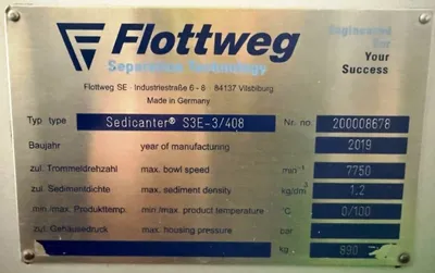 Flottweg S3E-3/408 sedicanter centrifuge, 316SS.