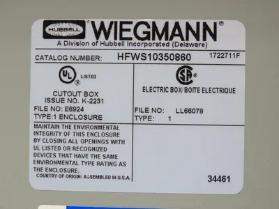 Wiegmann HFWS10350860 Electrical Enclosure JIC 14x12x6" NEMA Type 1