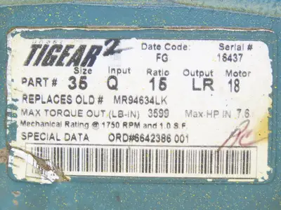 Dodge 35Q15LR18 Tigear Worm Gearbox 15:1 Reducer 7.6Hp 117rpm 182TC Dual Output