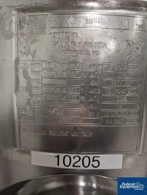 USED ITT 40 Gal Holloway Reactor, 316L S/S, 15/100#