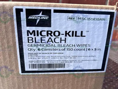 USED BOX OF 6- MEDLINE MICRO-KILL GERMICIDAL BLEACH WIPES 6X5