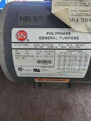 US Motors T14S3A / P63GKD-4612  3 Phase 1140 RPM 1/4 HP Motor