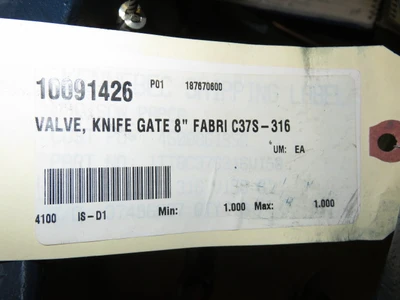 Fabri-Valve 8"-150 knife gate valve, hand wheel operated, Unused Condition