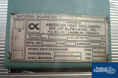 USED Alfa Laval 1,950 Sq Ft Alfa Laval Spiral Heat Exchanger, 304 S/S, 80#