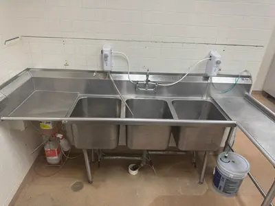 Used Falcon Restaurant Supply Used 95" L Shaped Stainless Steel 3 Compartment Sink Sinks Illinois US | Falcon Restaurant Supply #1375226