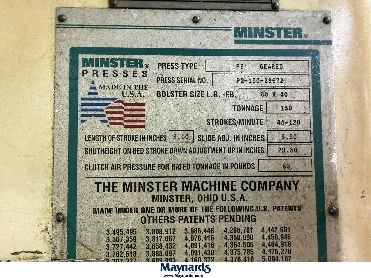 Minster Piecemaker 150 Ton Straight Side Geared High Speed Mechanical Press