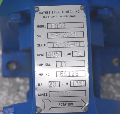 NEW HAYNES ENGR. & MFG MODEL: 6053 PUMP 6X4X12S