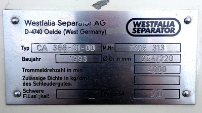 Westfalia CA 366-01-00 decanter centrifuge, 316SS.