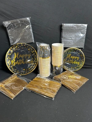 Black & Gold Happy Birthday Party Supplies Set - Plates Cups Napkins Utensils