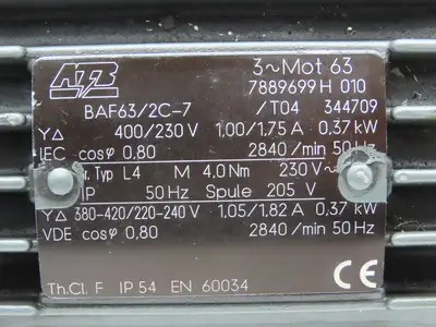 ATB BAF63/2C-7 Gear Motor .37kw 400/230V 3PH 15:1 Reducer SPN FF56 19mm Shaft