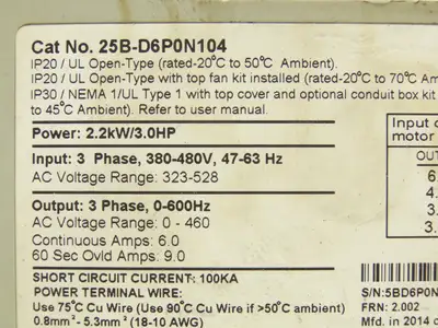 Allen Bradley 25B-D6P0N104 Powerflex 525 3Hp VFD AC Drive 480V 50/60Hz FRN 2.002