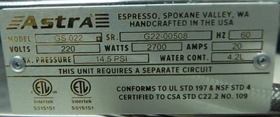 142-0974 Astra GS022 Semi Automatic Espresso Machine