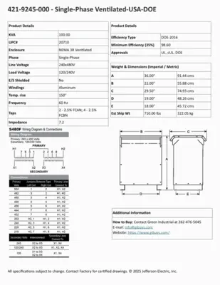New 100 KVA Single Phase Dry Type Transformer Pri 240 x 480 Sec 120/240 421-9245-000 FREE SHIPPING