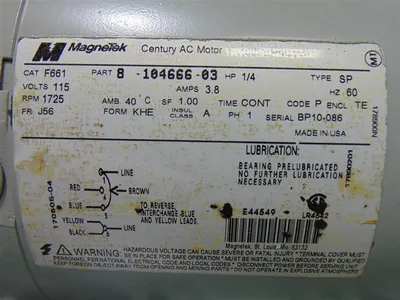 1/4 HP MagneTek 8-104666-03 Century AC Motor F661 J56 Frame 1725 RPM 115V Used