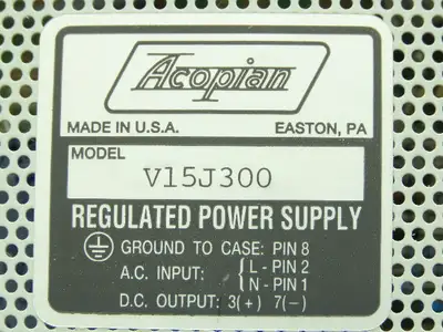 Acopian V15J300 Regulated Power Supply Input: 105-125V Output: 15V