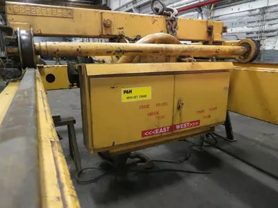 15 TON X 25' SPAN P&H DOUBLE GIRDER OVERHEAD BRIDGE CRANE. STOCK # 0315322