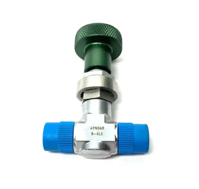 USED SWAGELOK CHROME-PLATED BRASS METERING VALVE, GREEN KNOB, KNURLED