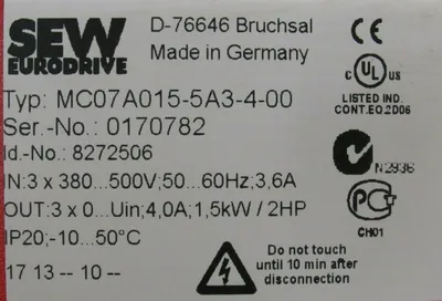 USED SEW EURODRIVE MC07A015-5A3-4-00 AC DRIVE MC07A0155A3400