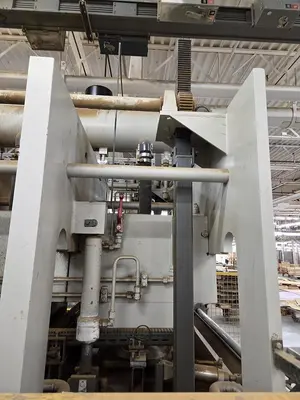 WEMHONER 5’ x 10’ SINGLE-OPENING SHORT-CYCLE FEED-THROUGH HOT PRESS WITH AUTOMATIC MATERIAL MEASURING/PRESSURE SYSTEM