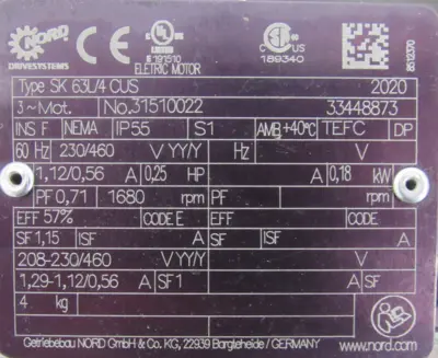 NEW NORD SK1SI31-IEC63-63L/4 CUS GEAR MOTOR 20:1 SK63L/4 CUS SK1SI31IEC6363L4CUS