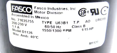 NEW FASCO NEW FASCO D1126 MOTOR 208-230V 60/50HZ 1/MOTOR 208-230V 60/50HZ 1/15HP