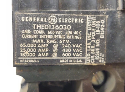 🔥 THED136030 General Electric 30 Amp 3 Pole 600V Circuit Breaker