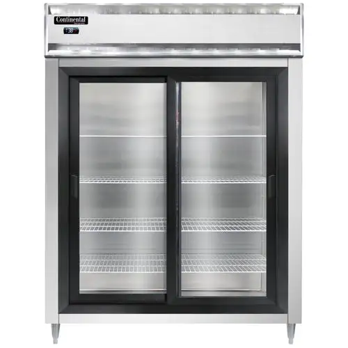 Continental D2RENSGD 57" Two Section Reach In Refrigerator, (2) Sliding Glass Doors, Top Compressor, 115v