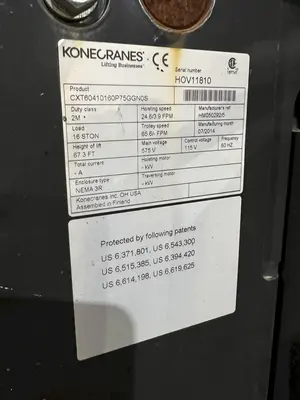 17.5 TON (2014) KONE-CRANES MODEL #CXT60410160P75GGN0S SINGLE GIRDER OVERHEAD CRANE HOIST & TROLLEY: STOCK #18633