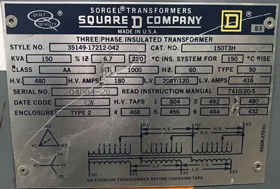 USED SQUARE D 15O KVA 3-PHASE TRANSFORMER